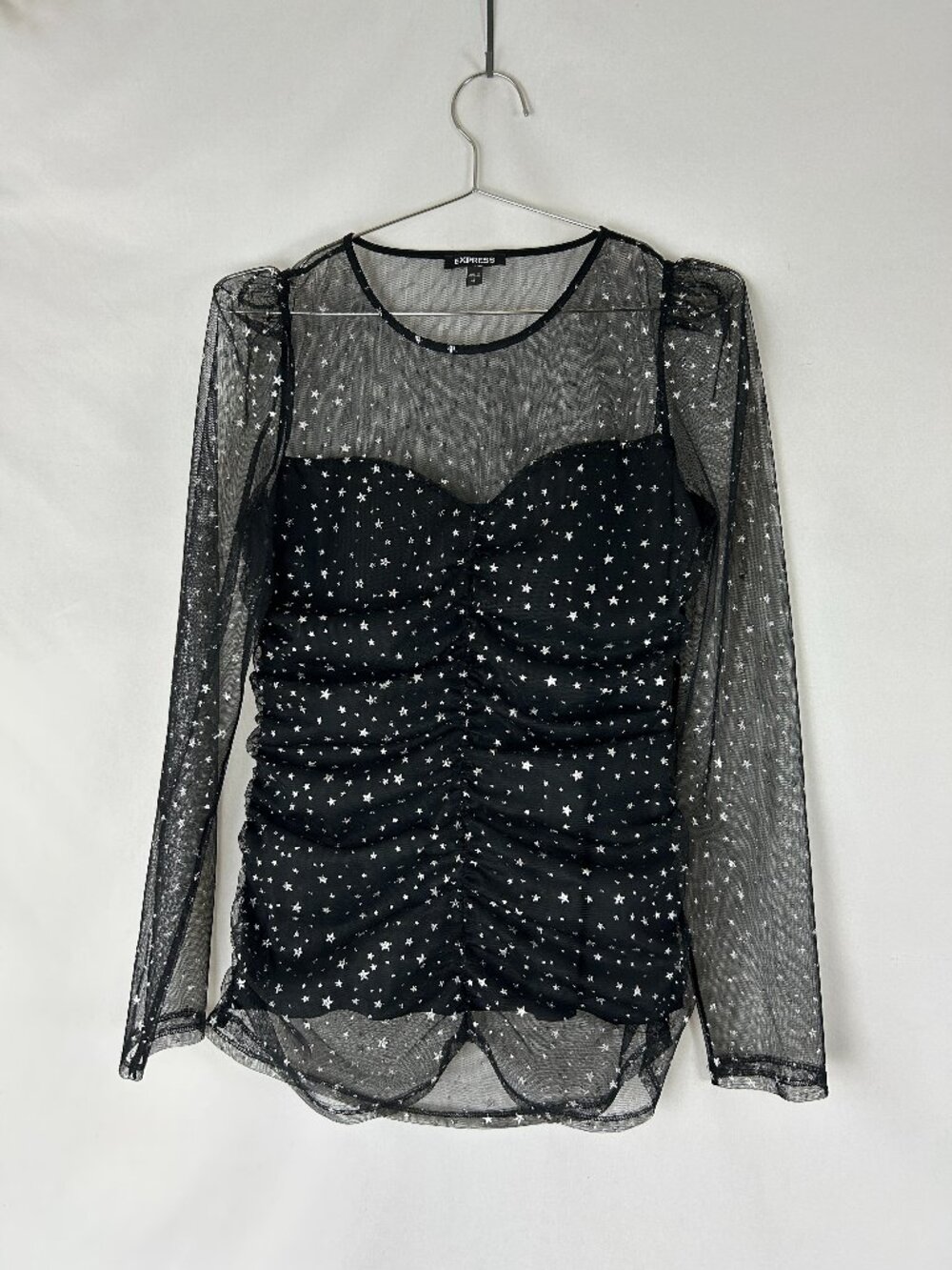 Express Silver on Black Starry Celestial Sheer Ruched Top S
